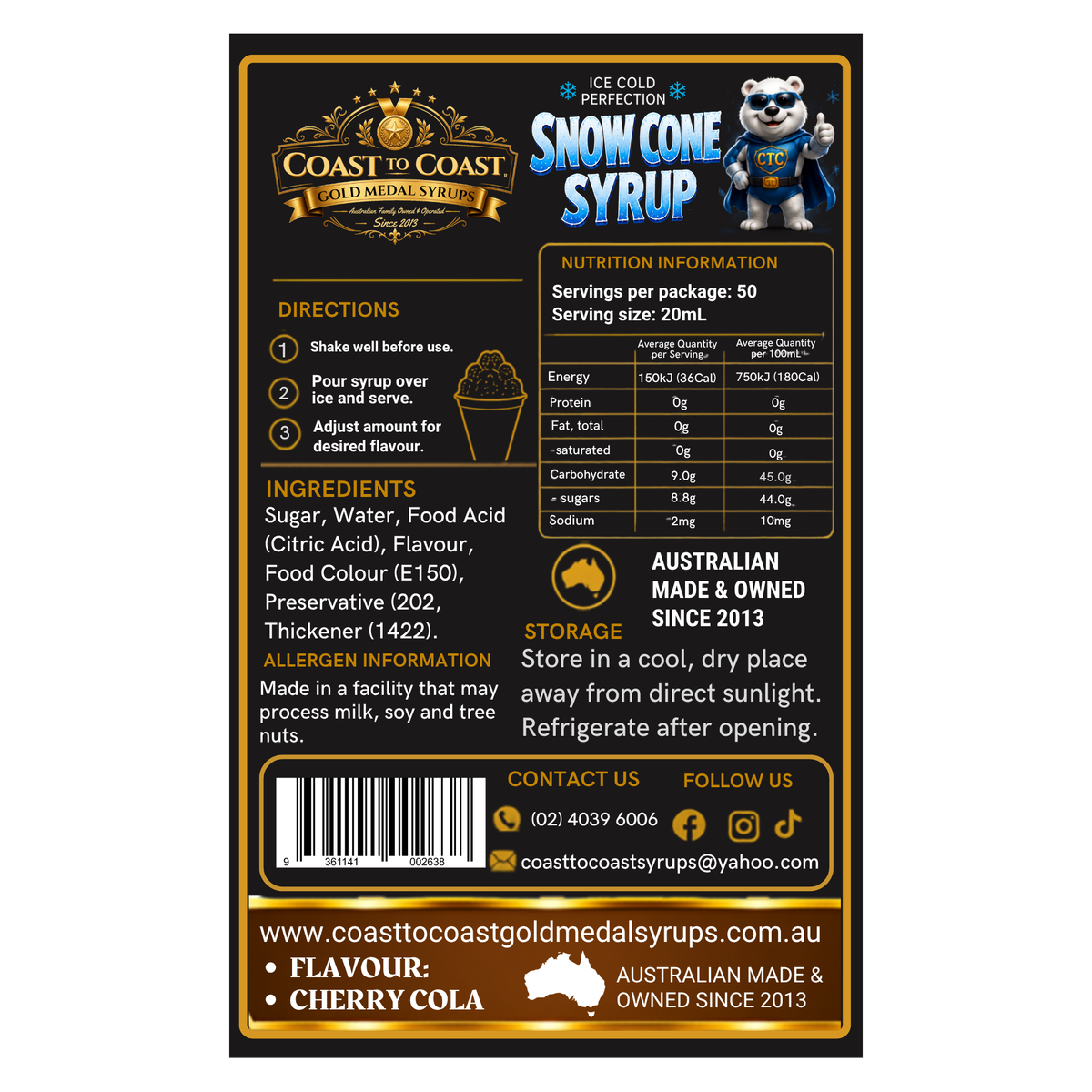 Cherry Cola Snow Cone Syrups 4ltr - Coast to Coast Gold Medal Syrups®