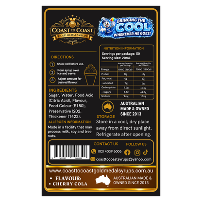Cherry Cola Snow Cone Syrups 750ml - Coast to Coast Gold Medal Syrups®
