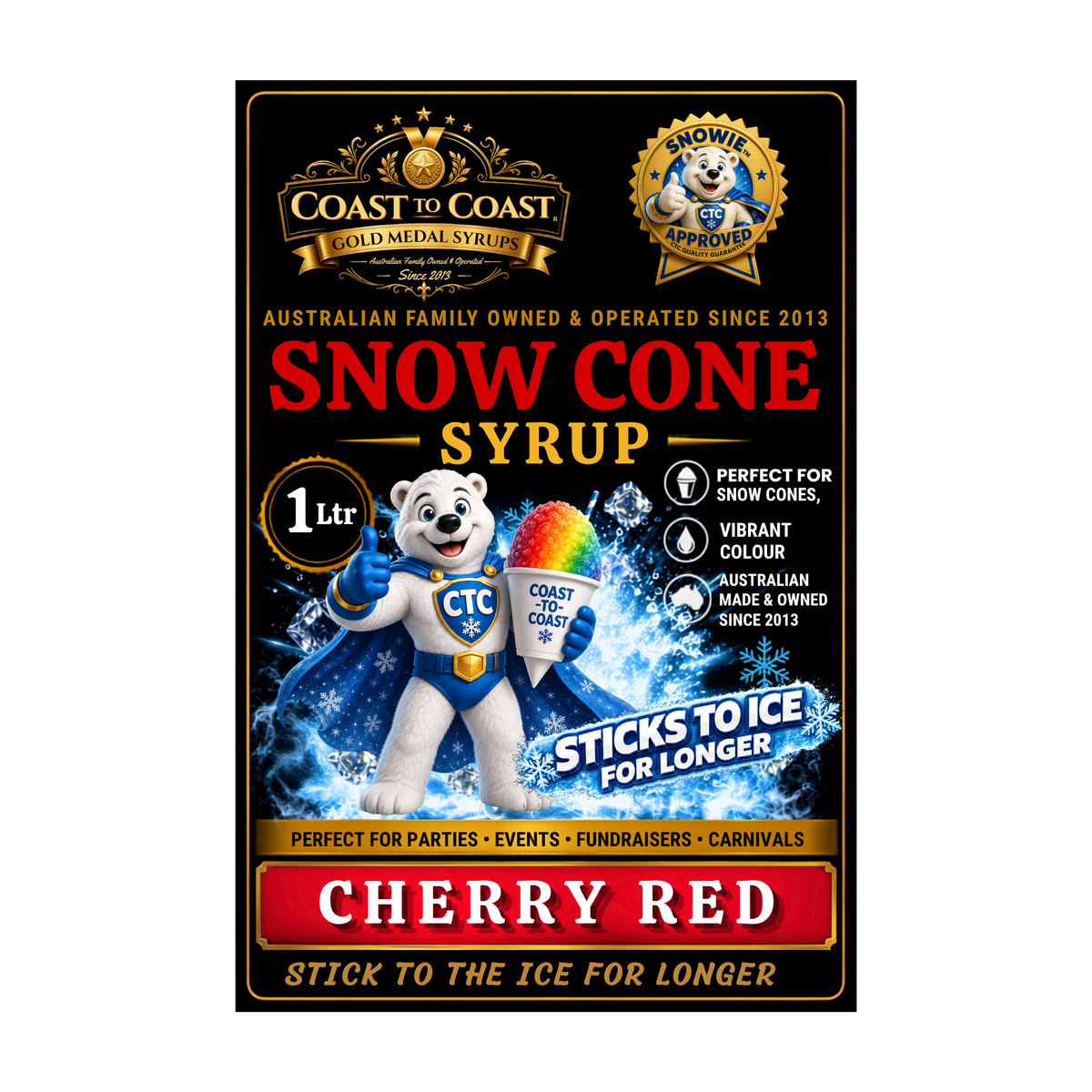 Cherry Red Snow Cone Syrups 1ltr - Coast to Coast Gold Medal Syrups®