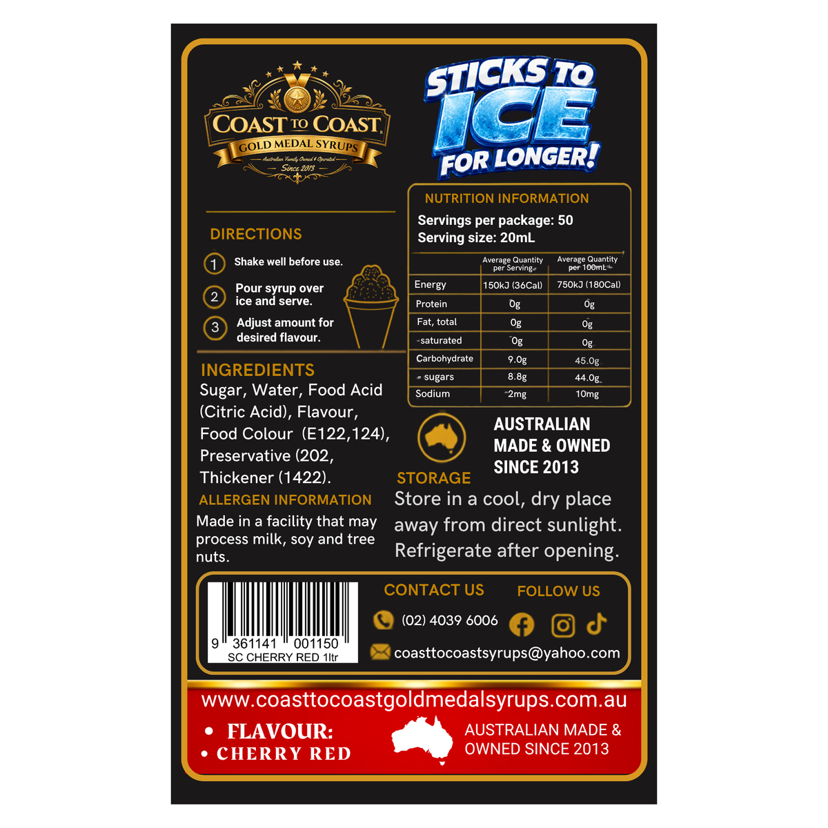 Cherry Red Snow Cone Syrups 1ltr - Coast to Coast Gold Medal Syrups®