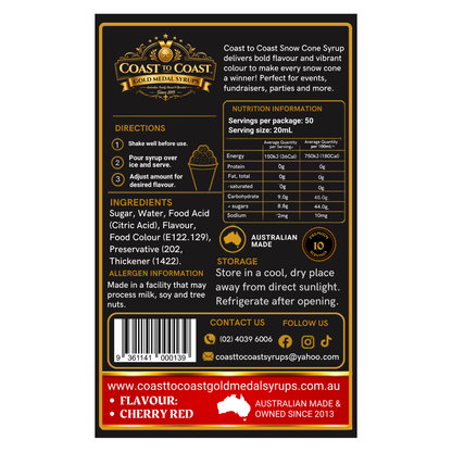 Cherry Red Snow Cone Syrups 250ml - Coast to Coast Gold Medal Syrups®