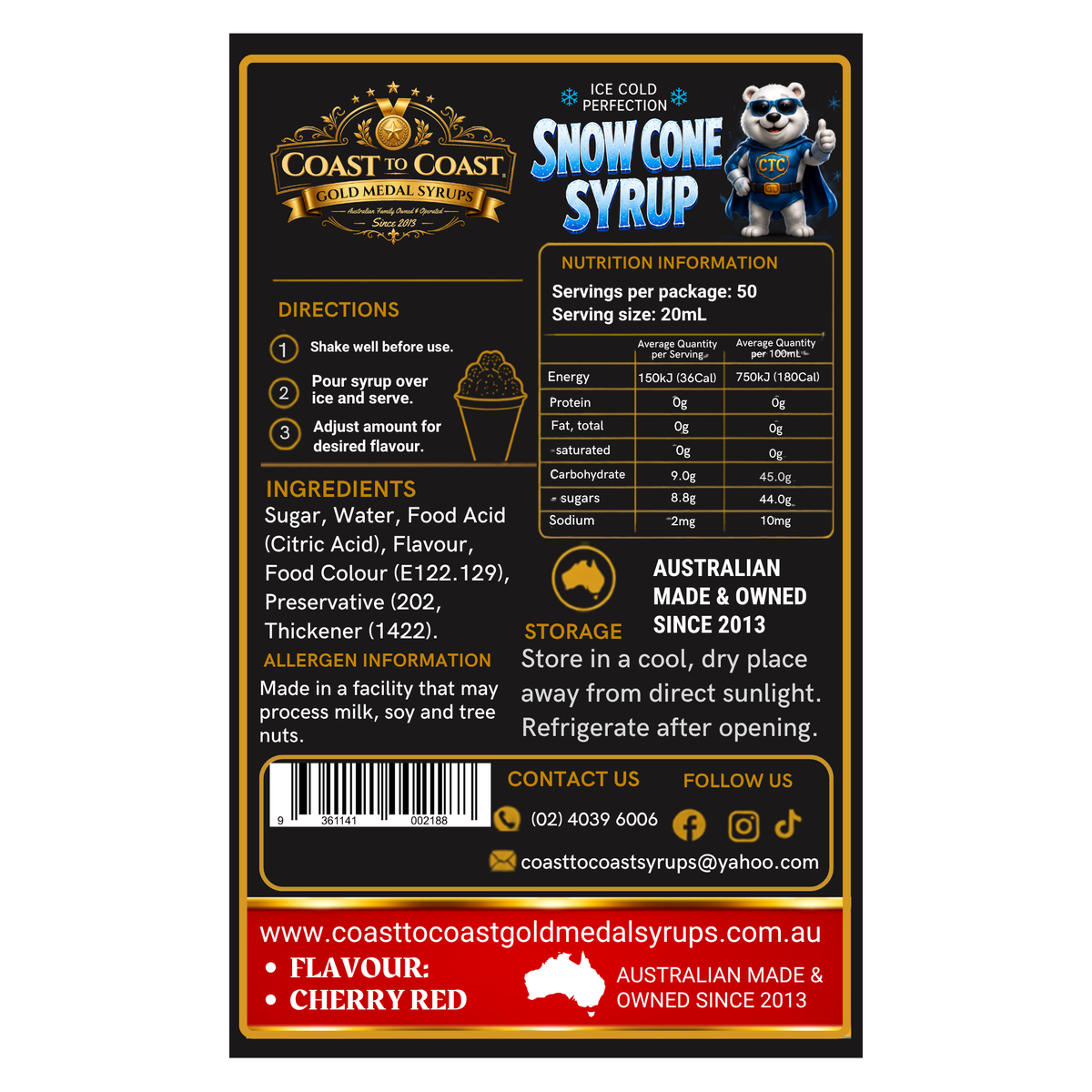 Cherry Red Snow Cone Syrups 2ltr - Coast to Coast Gold Medal Syrups®