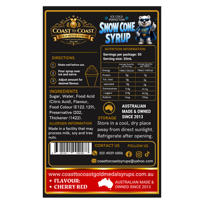 Cherry Red Snow Cone Syrups 2ltr - Coast to Coast Gold Medal Syrups®