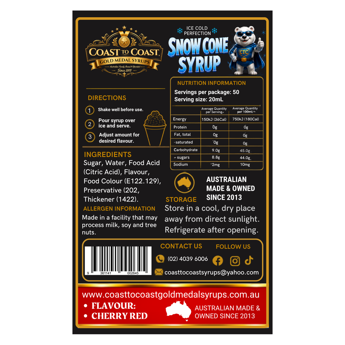 Cherry Red Snow Cone Syrups 4ltr - Coast to Coast Gold Medal Syrups®