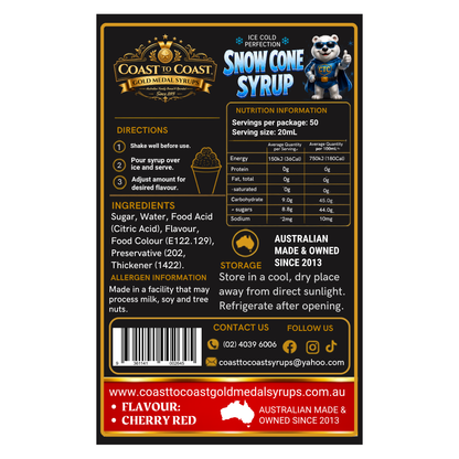 Cherry Red Snow Cone Syrups 4ltr - Coast to Coast Gold Medal Syrups®