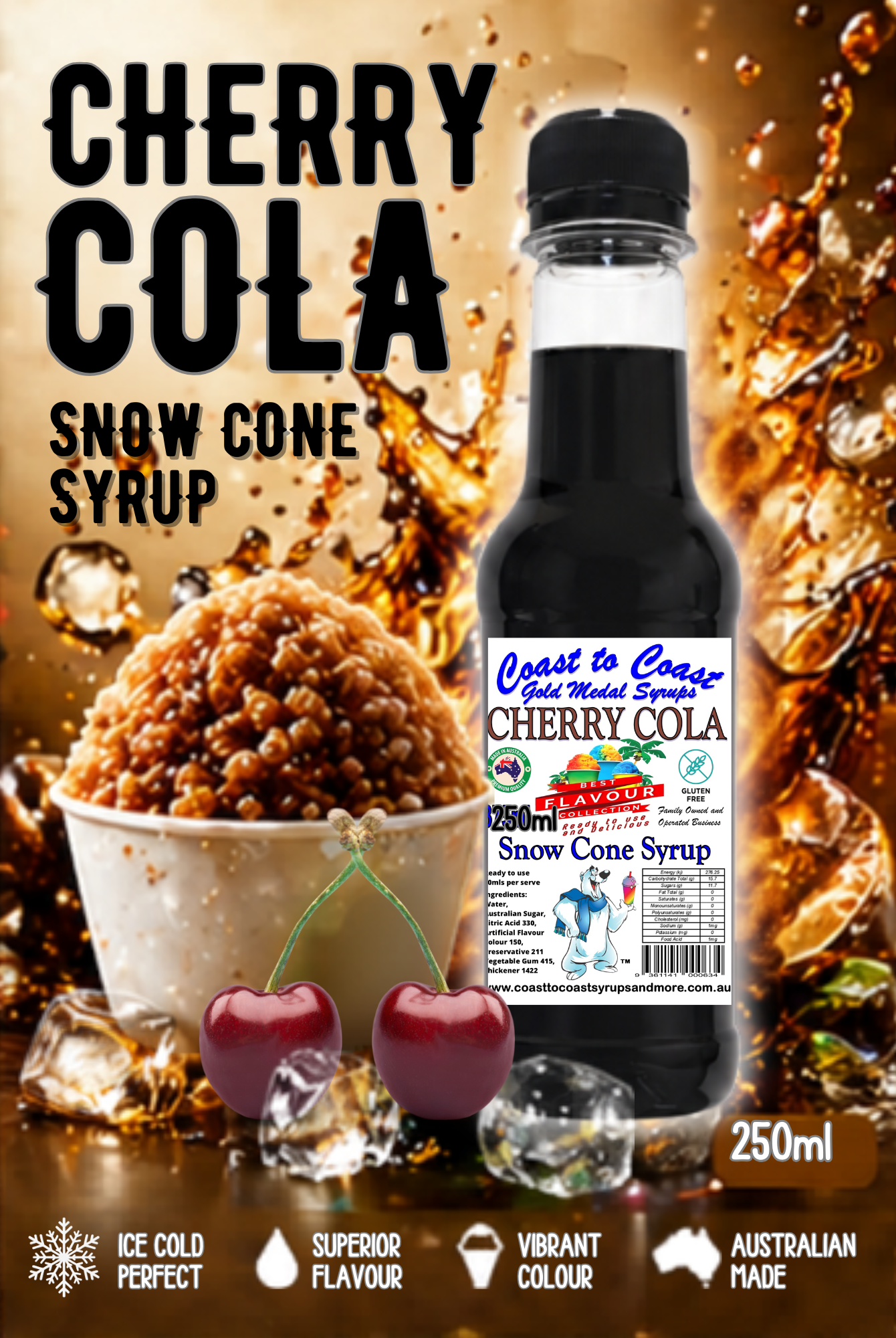 1.Cherry Cola Snow Cone Syrup 250ml – Premium Ice Syrup | Coast to Coast Gold Medal Syrups®