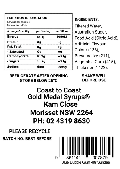 #4 Blue Bubble Gum, Milkshake/Sundae Toppings 4ltr,  Coast to Coast Gold Medal Syrups®