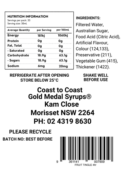 #4 Fruit Tingle, Milkshake/Sundae Toppings 4ltr, Fruit Tingle, Coast to Coast Gold Medal Syrups®