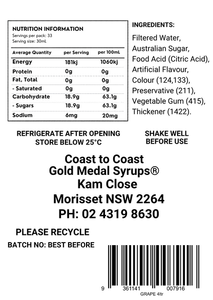 #4 Grape, Milkshake/Sundae Toppings 4ltr, Coast to Coast Gold Medal Syrups®