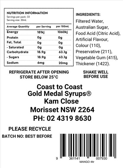#4 Mango, Milkshake/Sundae Toppings 4ltr with pump, Coast to Coast Gold Medal Syrups®
