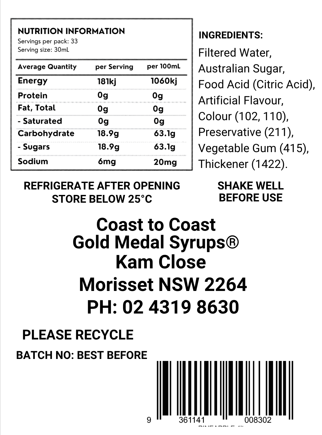 #4 Pineapple, Milkshake/Sundae Toppings 4ltr with pump, Coast to Coast Gold Medal Syrups®