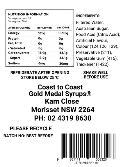 #4 Strawberry, Milkshake/Sundae Toppings 4ltr, Coast to Coast Gold Medal Syrups®