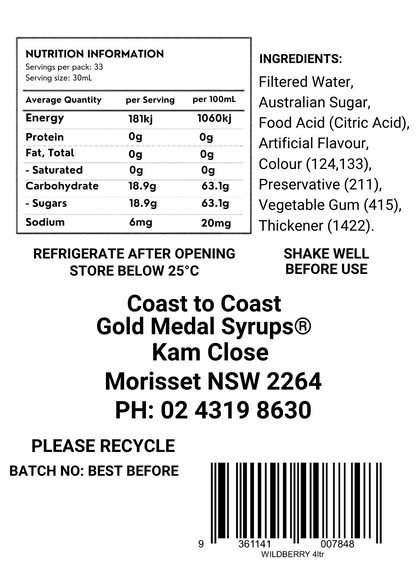 #4 Wildberry, Milkshake/Sundae Toppings 4ltr,  Coast to Coast Gold Medal Syrups®