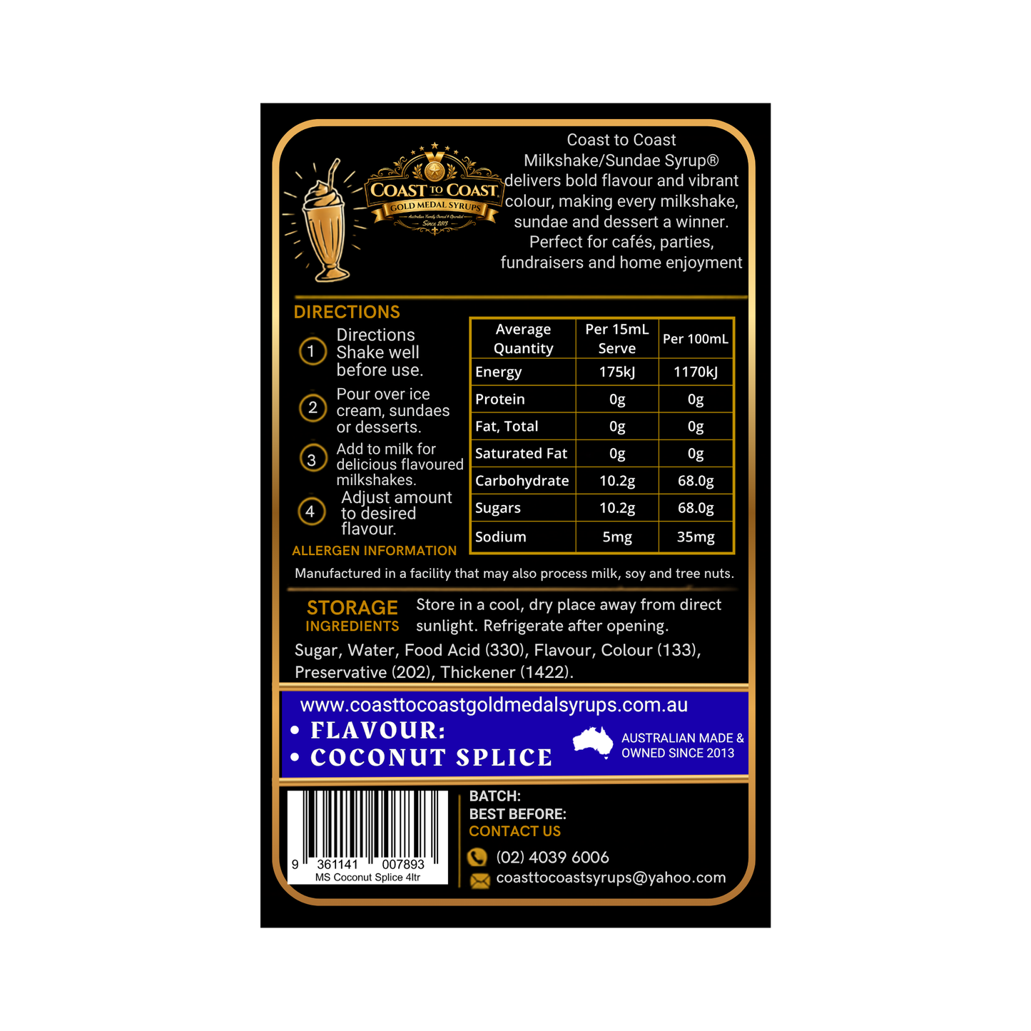 Coconut Splice, Milkshake-Sundae Toppings 4ltr with pump - Coast to Coast Gold Medal Syrups®