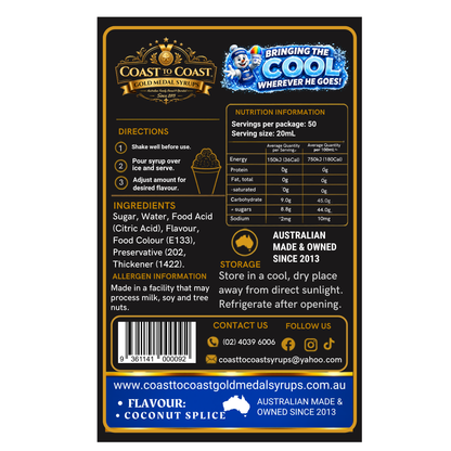 Coconut Splice Snow Cone Syrups 250ml - Coast to Coast Gold Medal Syrups®