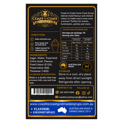 Coconut Splice Snow Cone Syrups 4ltr - Coast to Coast Gold Medal Syrups®