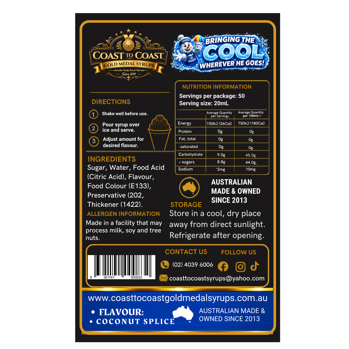 Coconut Splice Snow Cone Syrups 750ml - Coast to Coast Gold Medal Syrups®