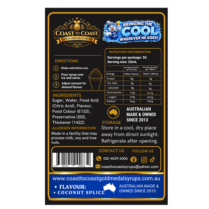 Coconut Splice Snow Cone Syrups 750ml - Coast to Coast Gold Medal Syrups®