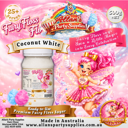 Coconut White Fairy Floss Sugar – 500g Jar - Allan's Party Supplies