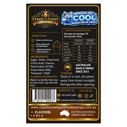 Cola Snow Cone Syrups 250ml - Coast to Coast Gold Medal Syrups®