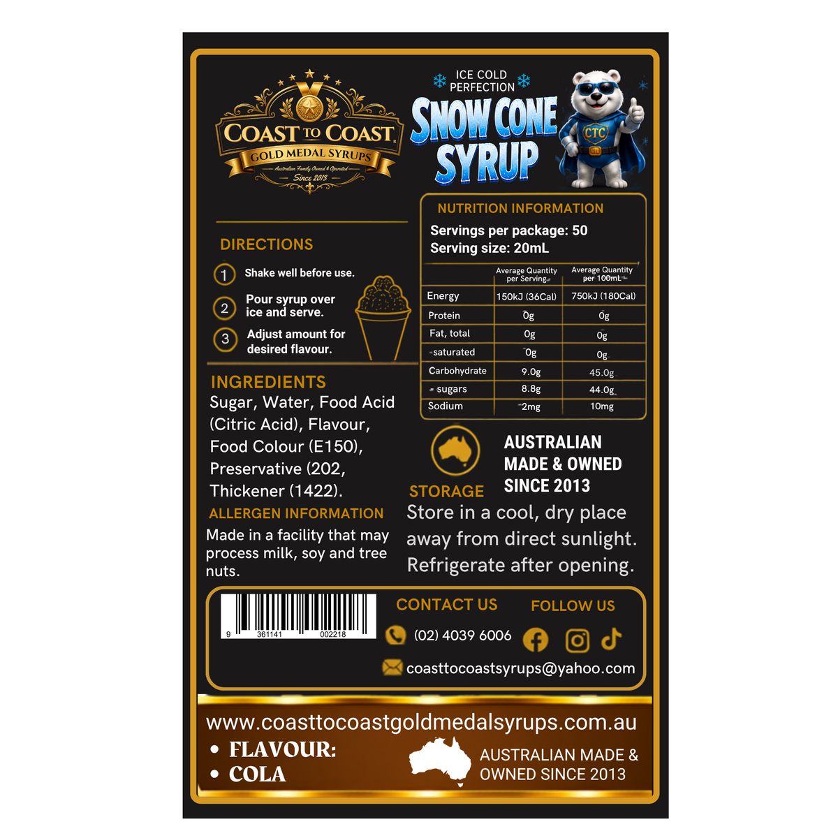 Cola Snow Cone Syrups 2ltr - Coast to Coast Gold Medal Syrups®