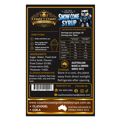 Cola Snow Cone Syrups 2ltr - Coast to Coast Gold Medal Syrups®