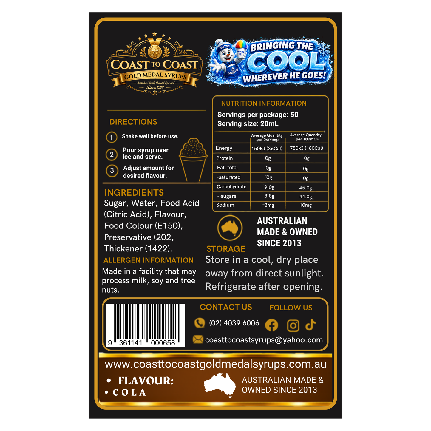 Cola Snow Cone Syrups 375ml - Coast to Coast Gold Medal Syrups®