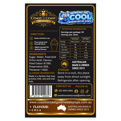 Cola Snow Cone Syrups 375ml - Coast to Coast Gold Medal Syrups®