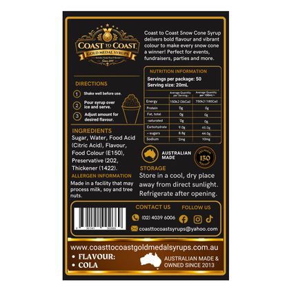 Cola Snow Cone Syrups 4ltr - Coast to Coast Gold Medal Syrups®