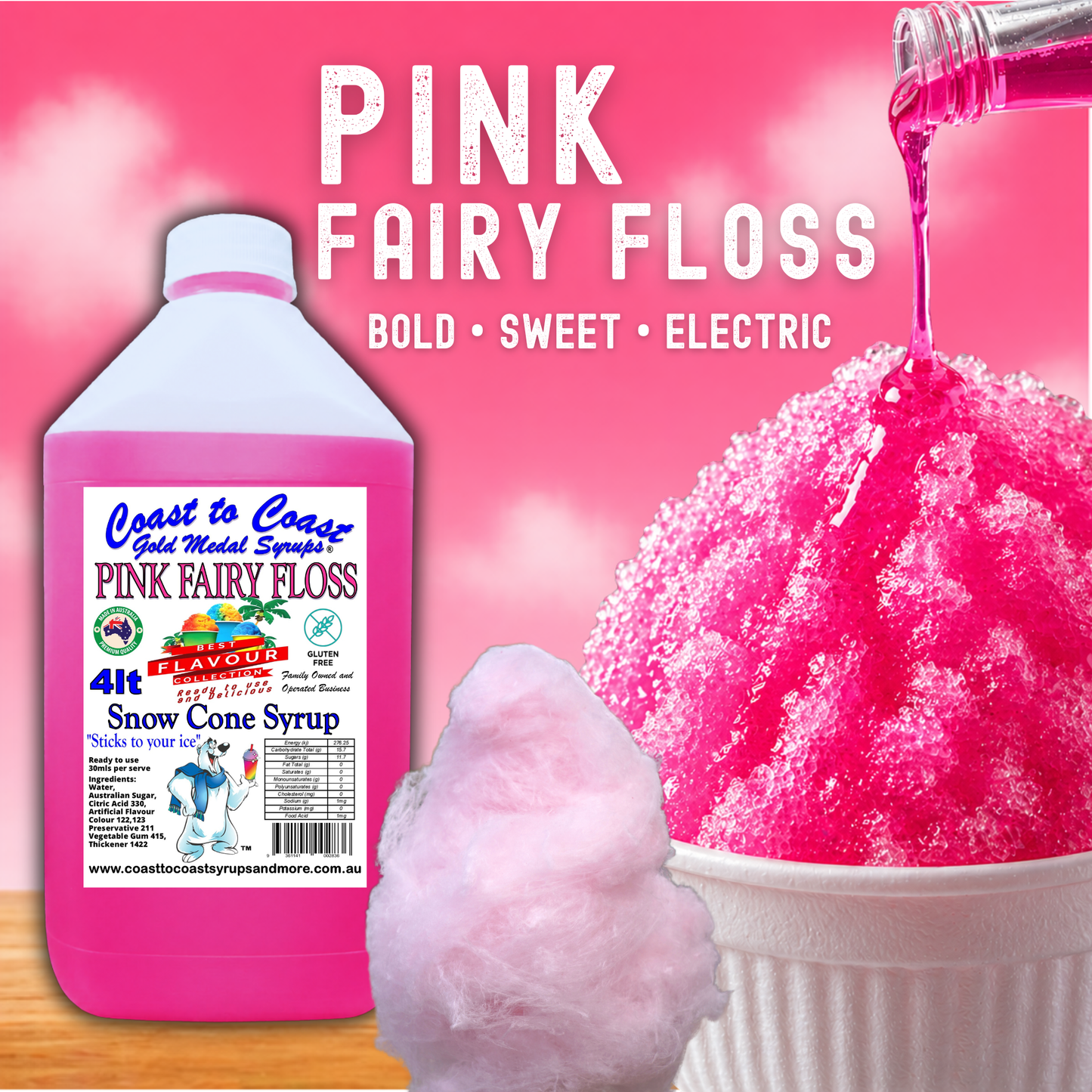6 Pink Fary Floss Snow Cone Syrup, 4Ltr, Premium Ice Syrup, Coast to Coast Gold Medal Syrups®