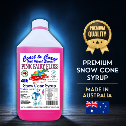 6 Pink Fary Floss Snow Cone Syrup, 4Ltr, Premium Ice Syrup, Coast to Coast Gold Medal Syrups®