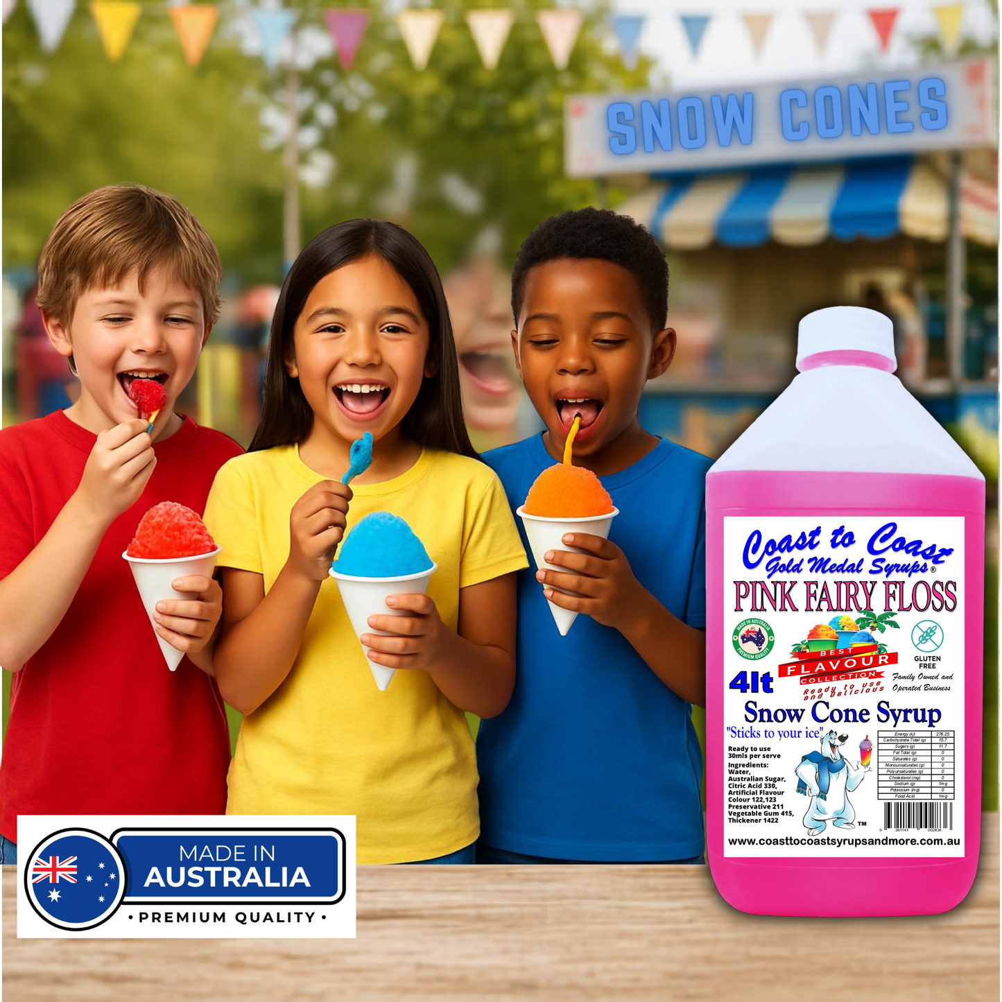 6 Pink Fary Floss Snow Cone Syrup, 4Ltr, Premium Ice Syrup, Coast to Coast Gold Medal Syrups®