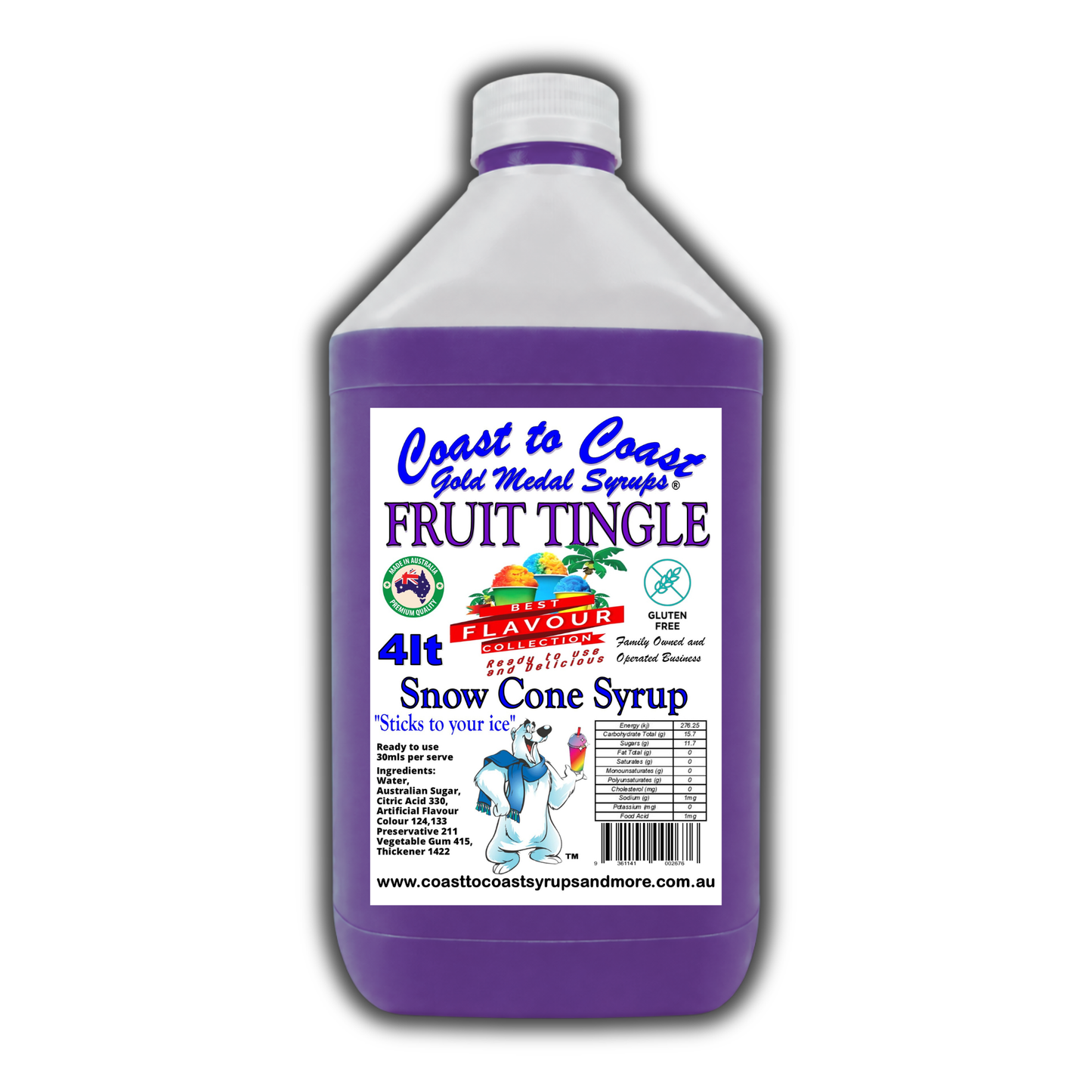 6 Fruit Tingle Snow Cone Syrup, 4Ltr, Premium Ice Syrup, Coast to Coast Gold Medal Syrups®