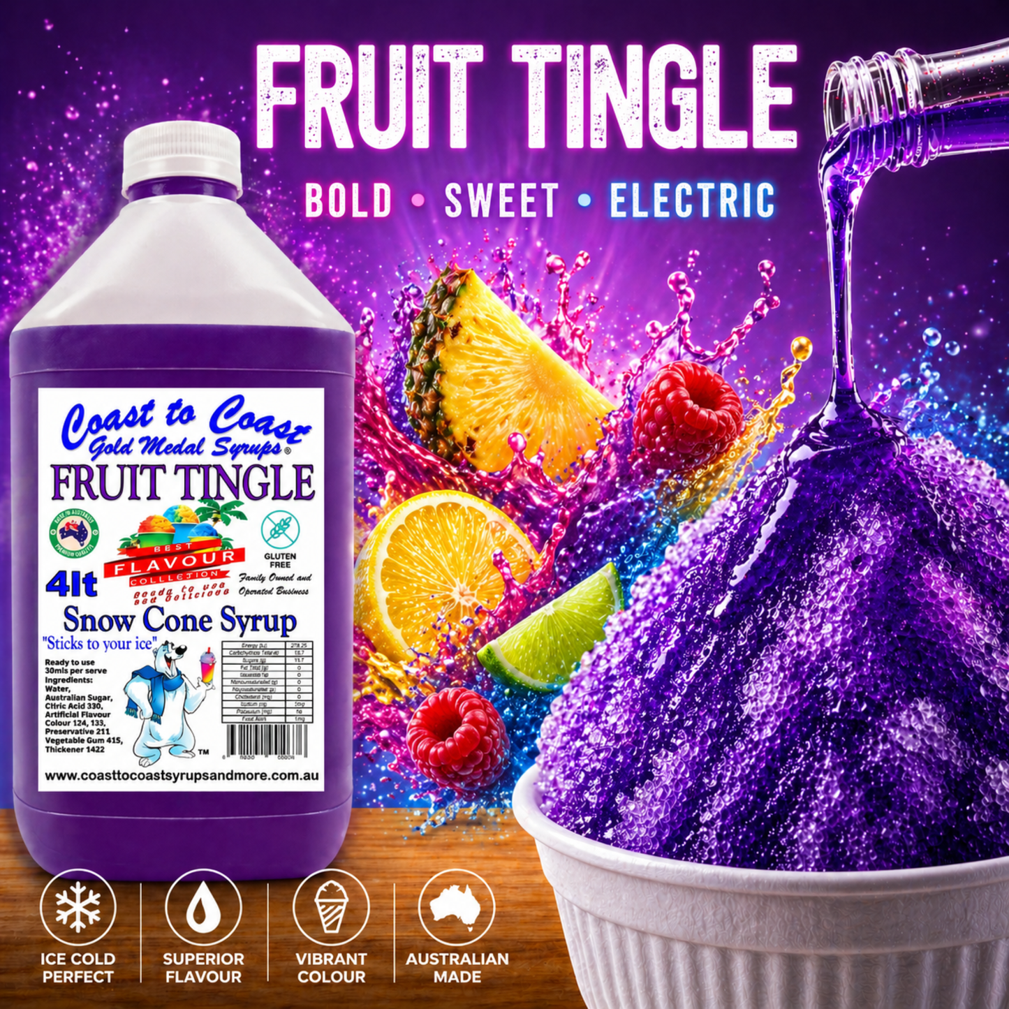 6 Fruit Tingle Snow Cone Syrup, 4Ltr, Premium Ice Syrup, Coast to Coast Gold Medal Syrups®