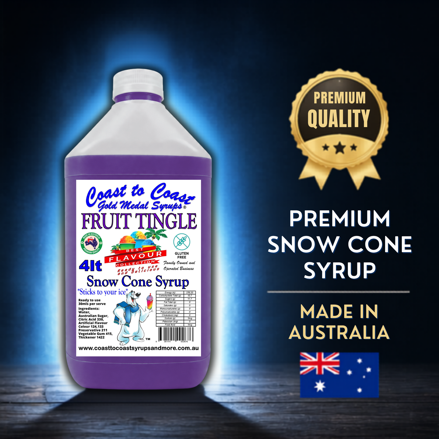 6 Fruit Tingle Snow Cone Syrup, 4Ltr, Premium Ice Syrup, Coast to Coast Gold Medal Syrups®