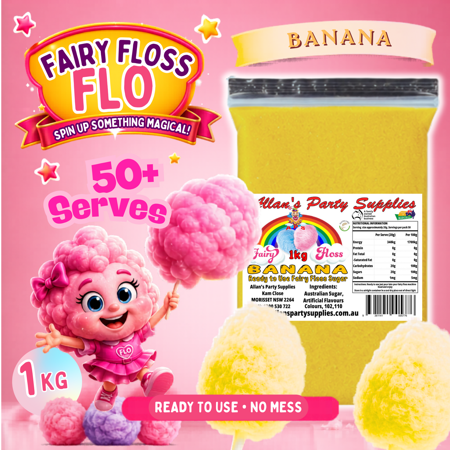 #3 APS, Fairy Floss Flo's Premium Banana Fairy Floss Sugar 1kg