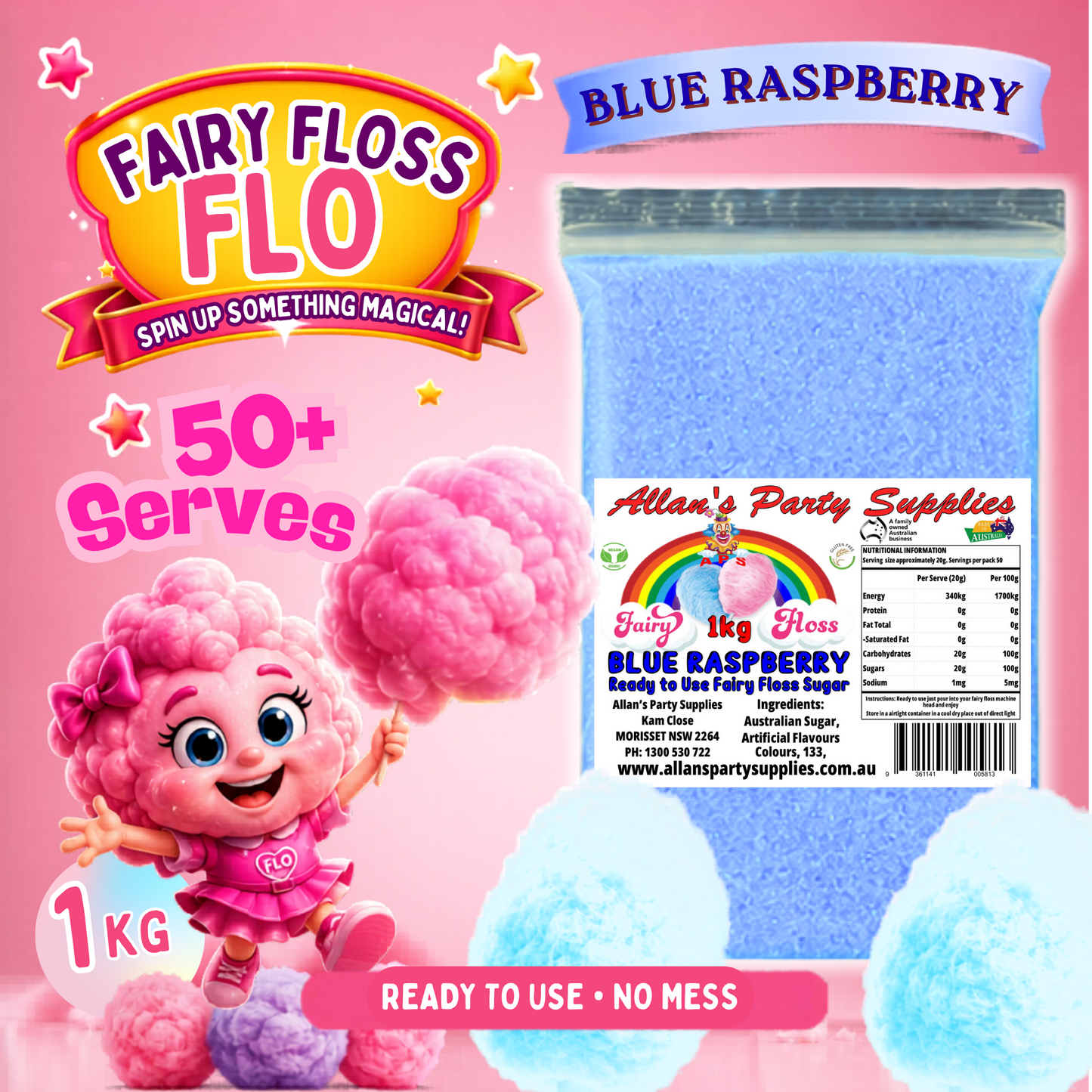 #3 APS, Fairy Floss Flo's Premium Blue Raspberry Fairy Floss Sugar 1kg