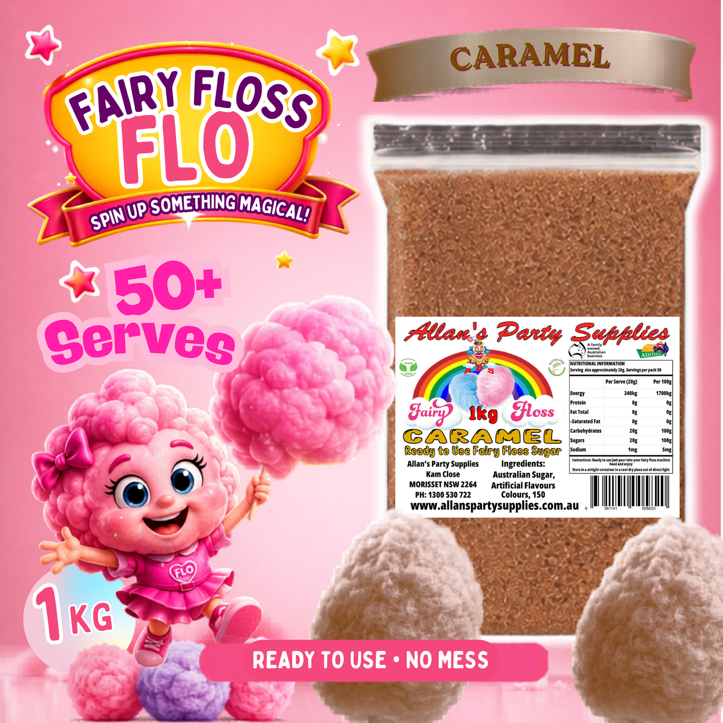 #3 APS, Fairy Floss Flo's Premium Caramel Fairy Floss Sugar 1kg