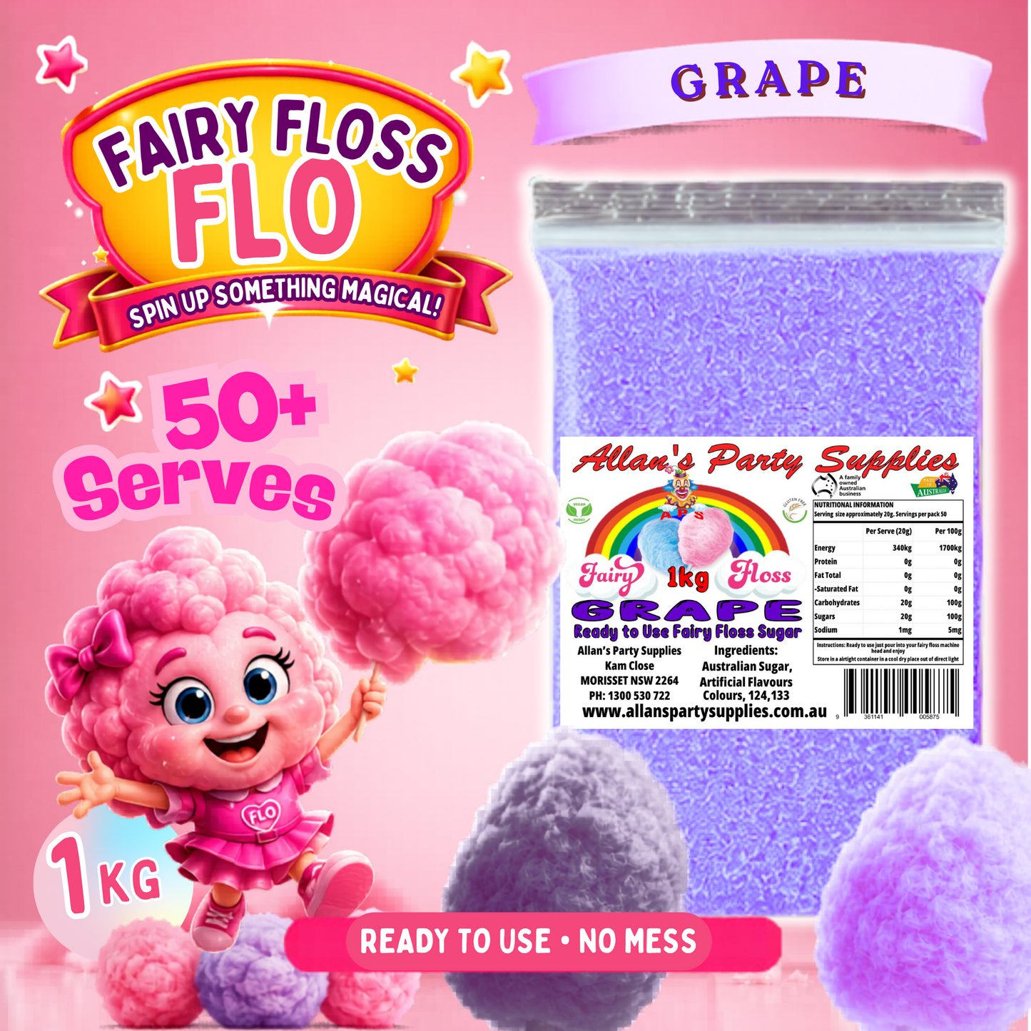 #3 APS, Fairy Floss Flo's Premium Grape Fairy Floss Sugar 1kg