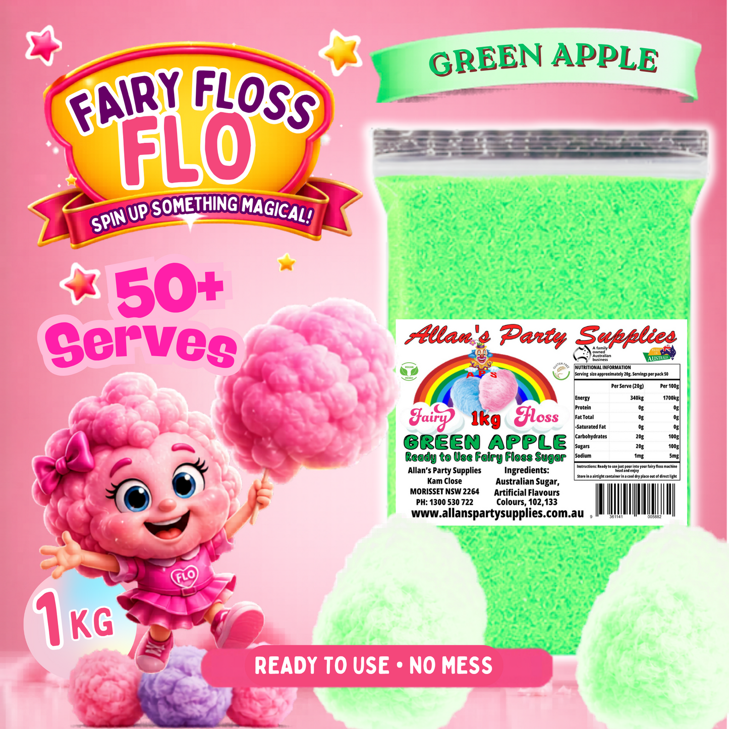 #3 APS, Fairy Floss Flo's Premium Green Apple Fairy Floss Sugar 1kg