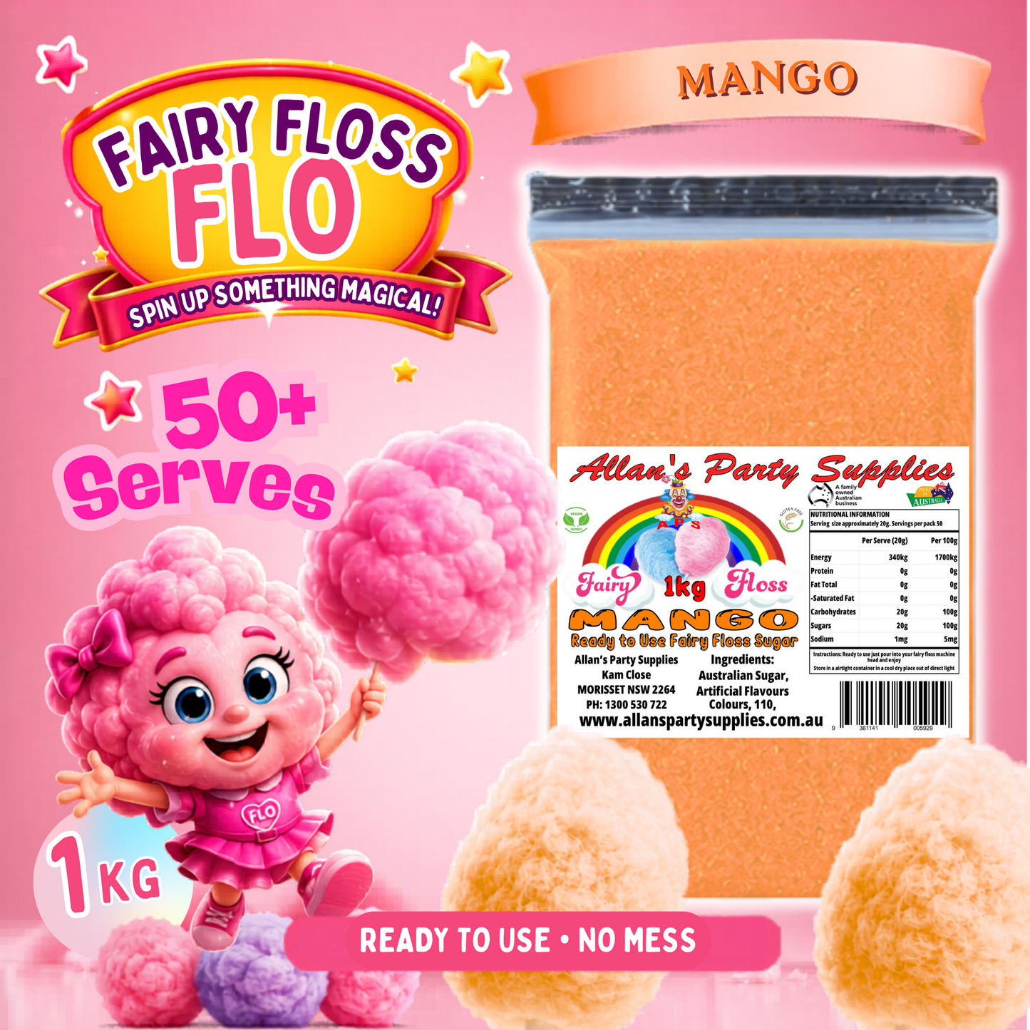 #3 APS, Fairy Floss Flo's Premium Mango Fairy Floss Sugar 1kg