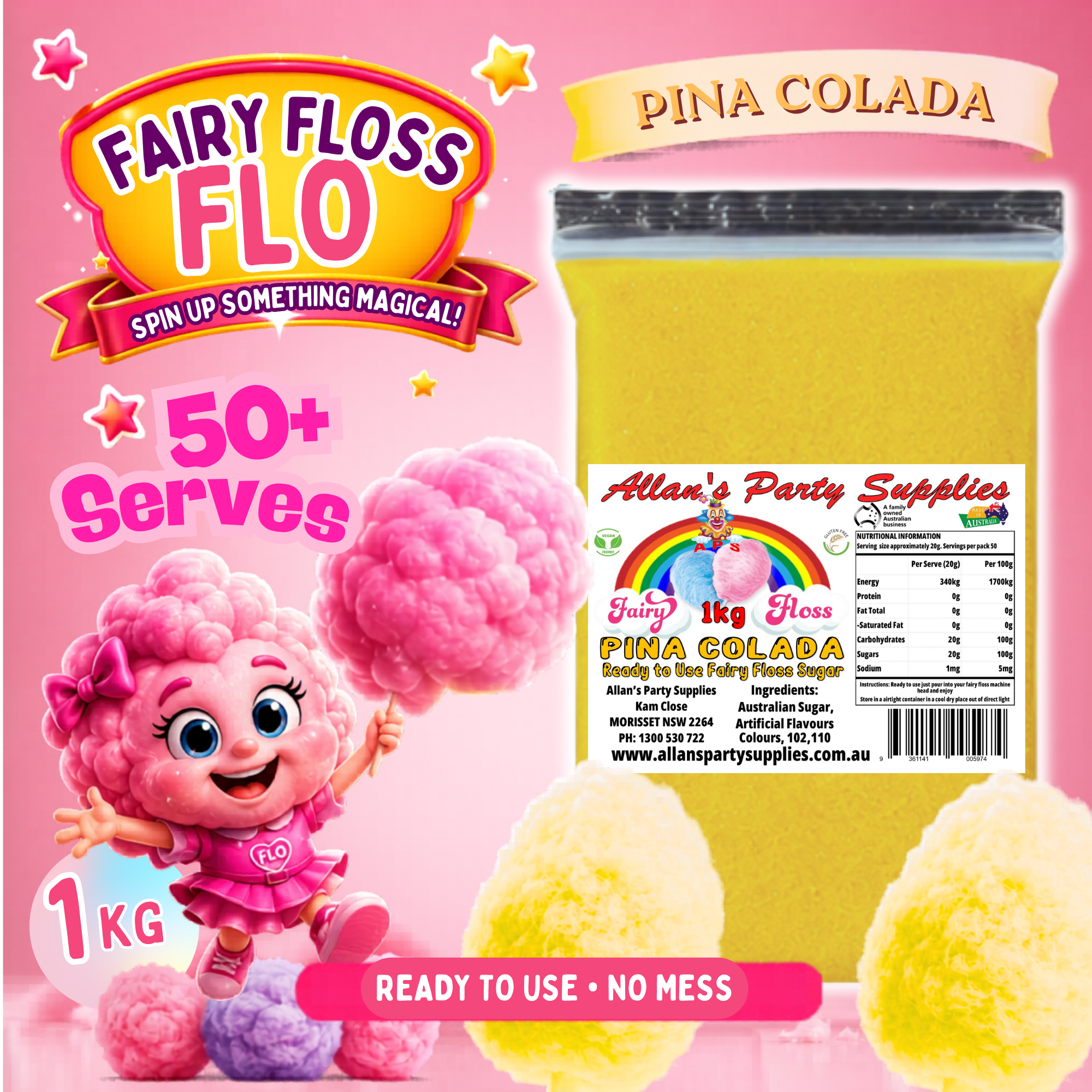 #3 APS, Fairy Floss Flo's Premium Pina Colada Fairy Floss Sugar 1kg ...