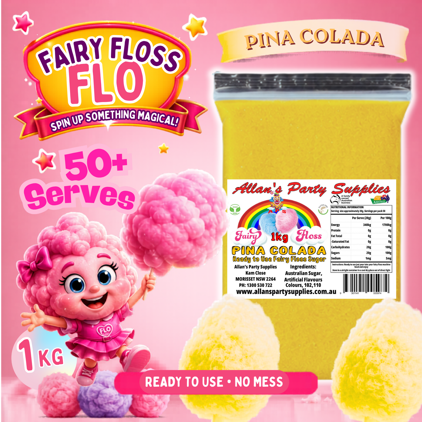 #3 APS, Fairy Floss Flo's Premium Pina Colada Fairy Floss Sugar 1kg