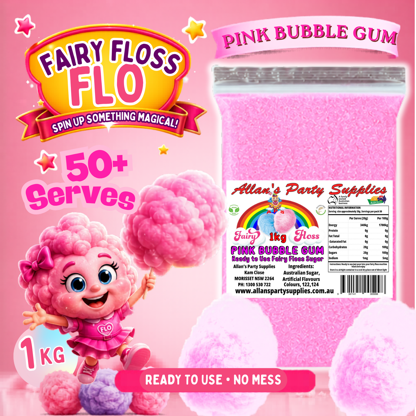 #3 APS, Fairy Floss Flo's Premium Pink Bubble Gum Fairy Floss Sugar 1kg