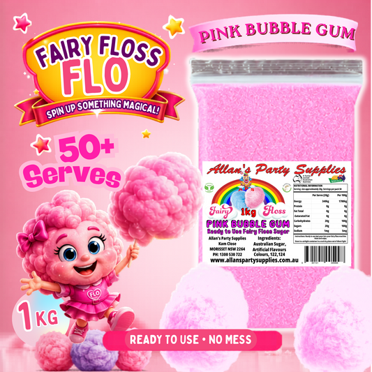 #3 APS, Fairy Floss Flo's Premium Pink Bubble Gum Fairy Floss Sugar 1kg