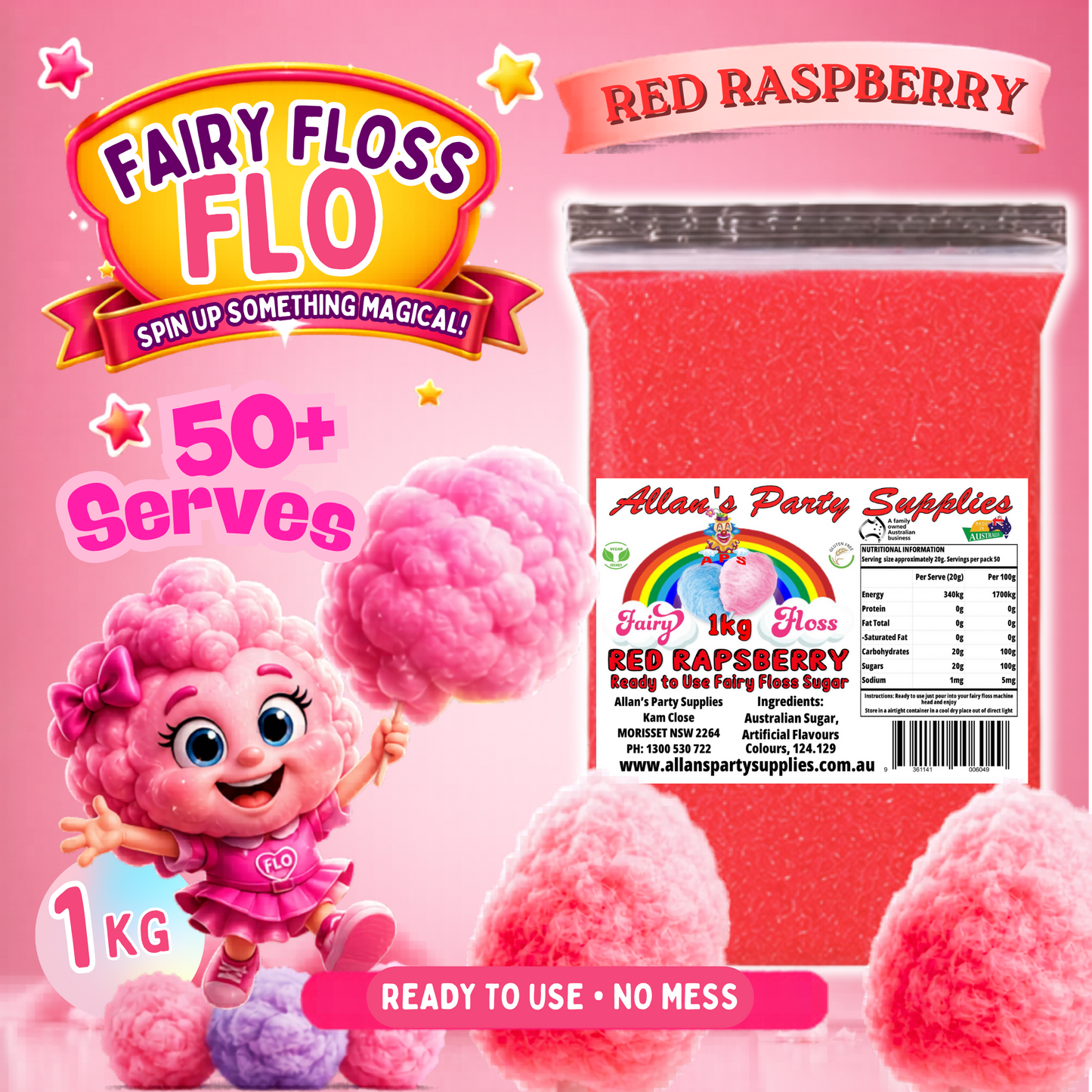 #3 APS, Fairy Floss Flo's Premium Red Raspberry Fairy Floss Sugar 1kg