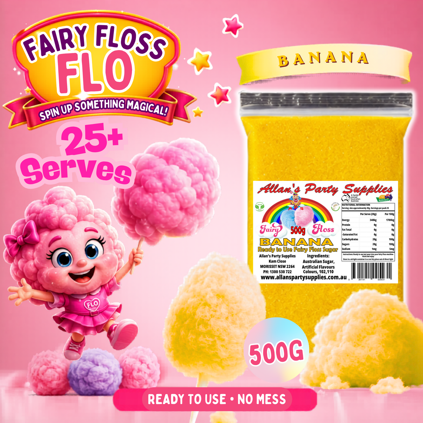 #2 APS, Fairy Floss Flo's Premium Banana Fairy Floss Sugar 500g Bag