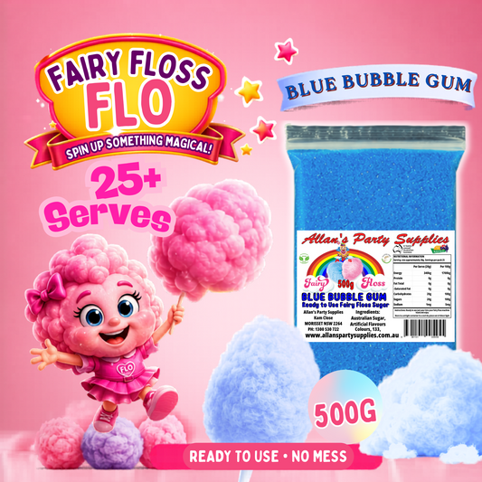#2 APS, Fairy Floss Flo's Premium Blue Bubble Gum Fairy Floss Sugar 500g Bag