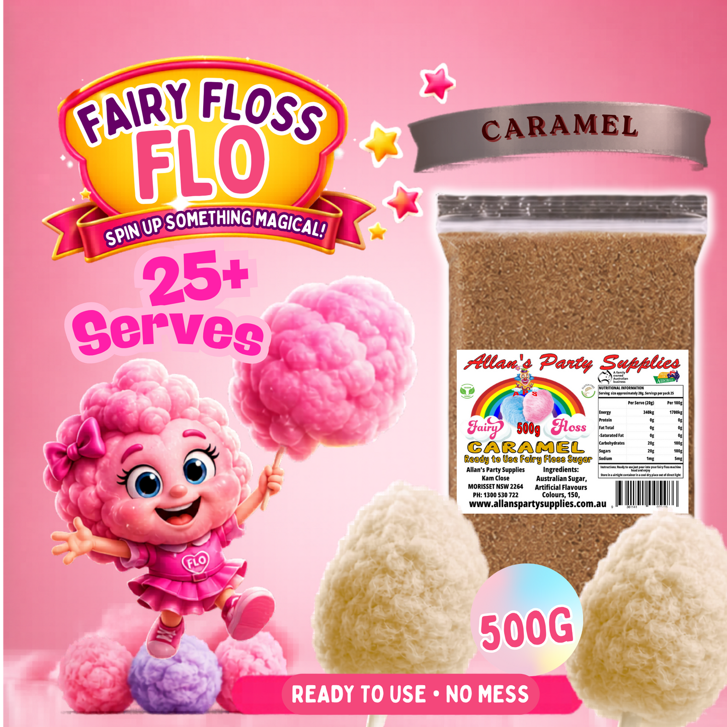 #2 APS, Fairy Floss Flo's Premium Caramel Fairy Floss Sugar 500g Bag