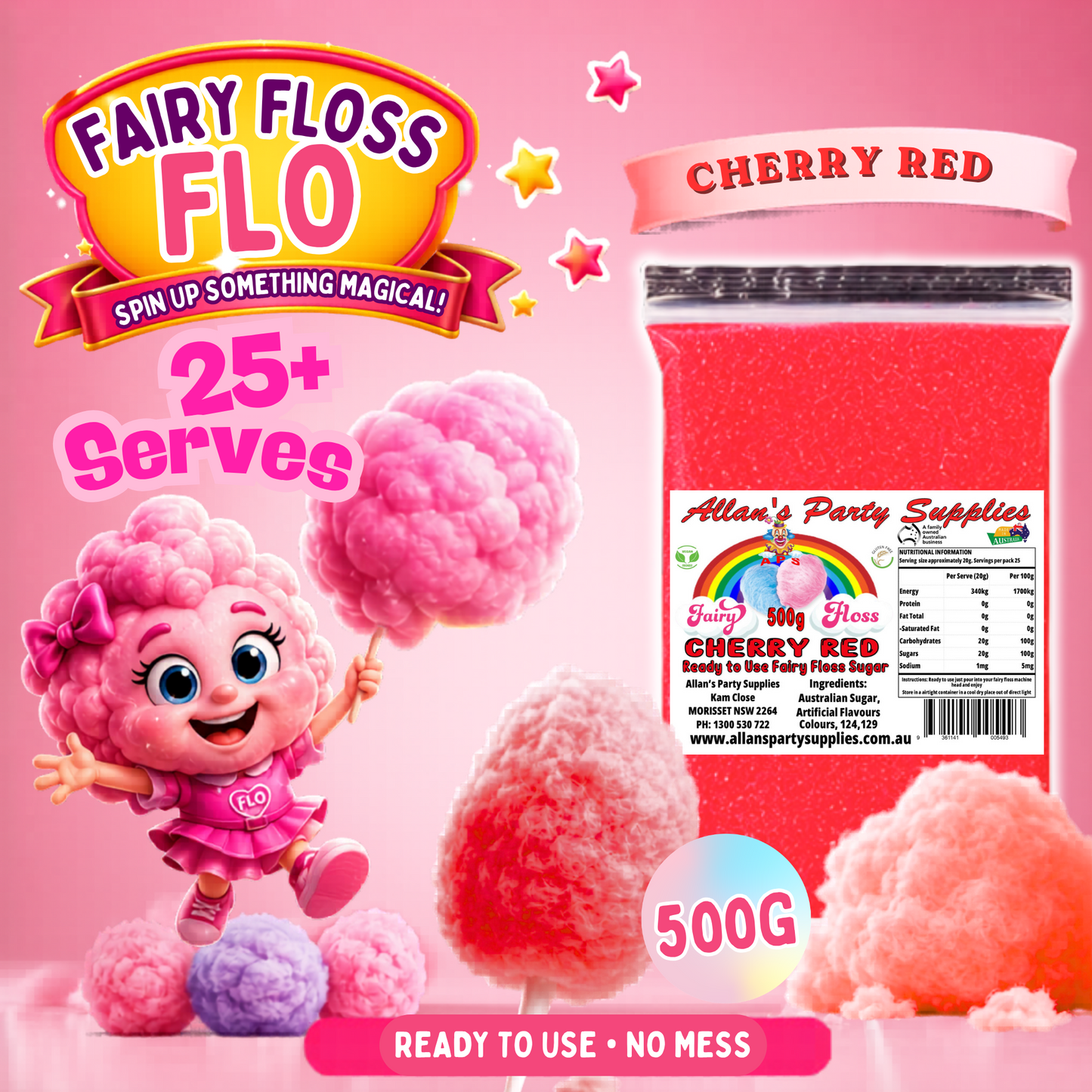 #2 APS, Fairy Floss Flo's Premium Cherry Red Fairy Floss Sugar 500g Bag